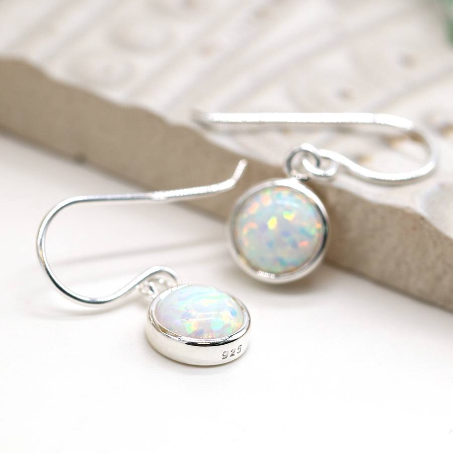 Round Drop Sterling Silver White Opalite Fish Hook Earrings – The