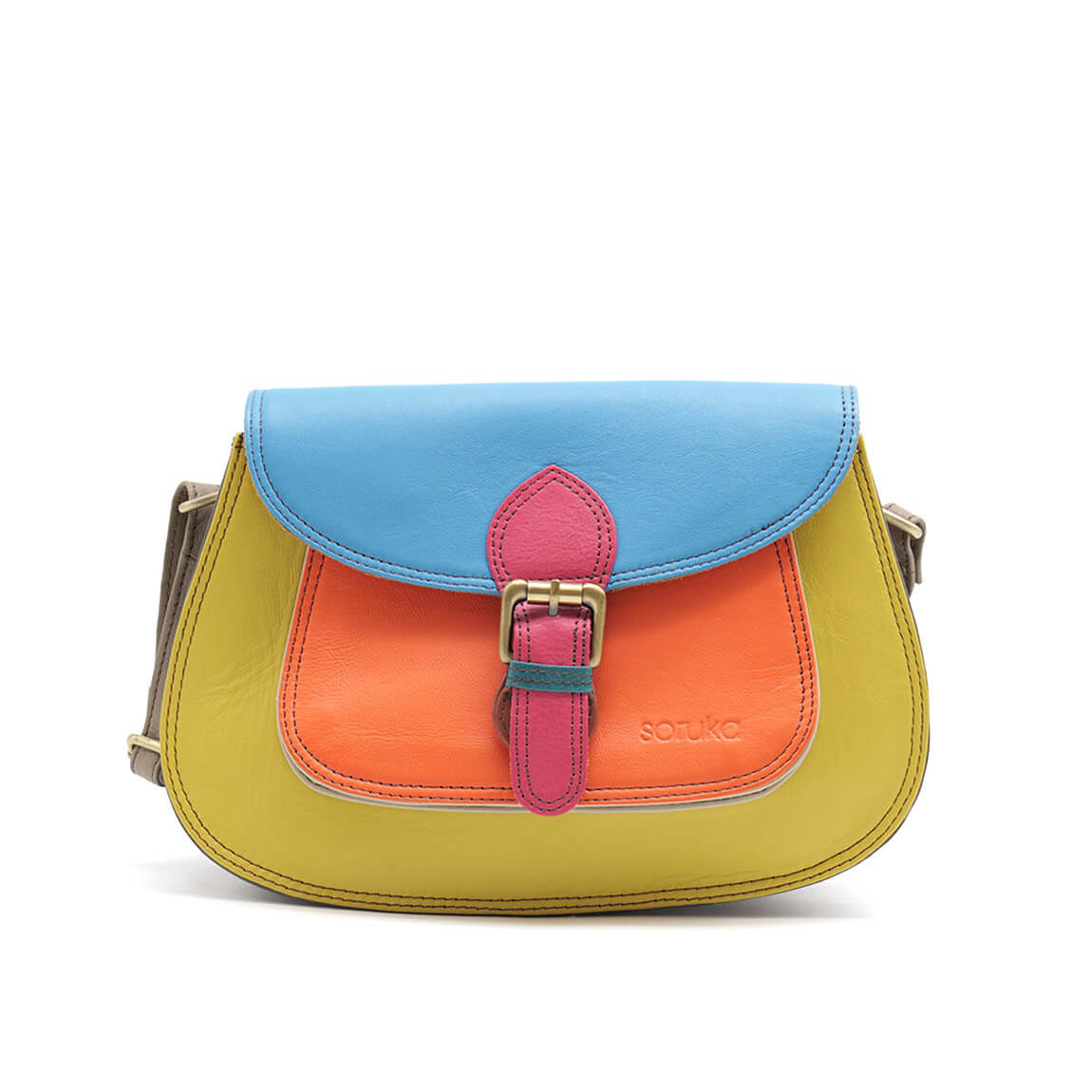 Lime, Orange And Blue Mix Large Leather Crossbody Bag