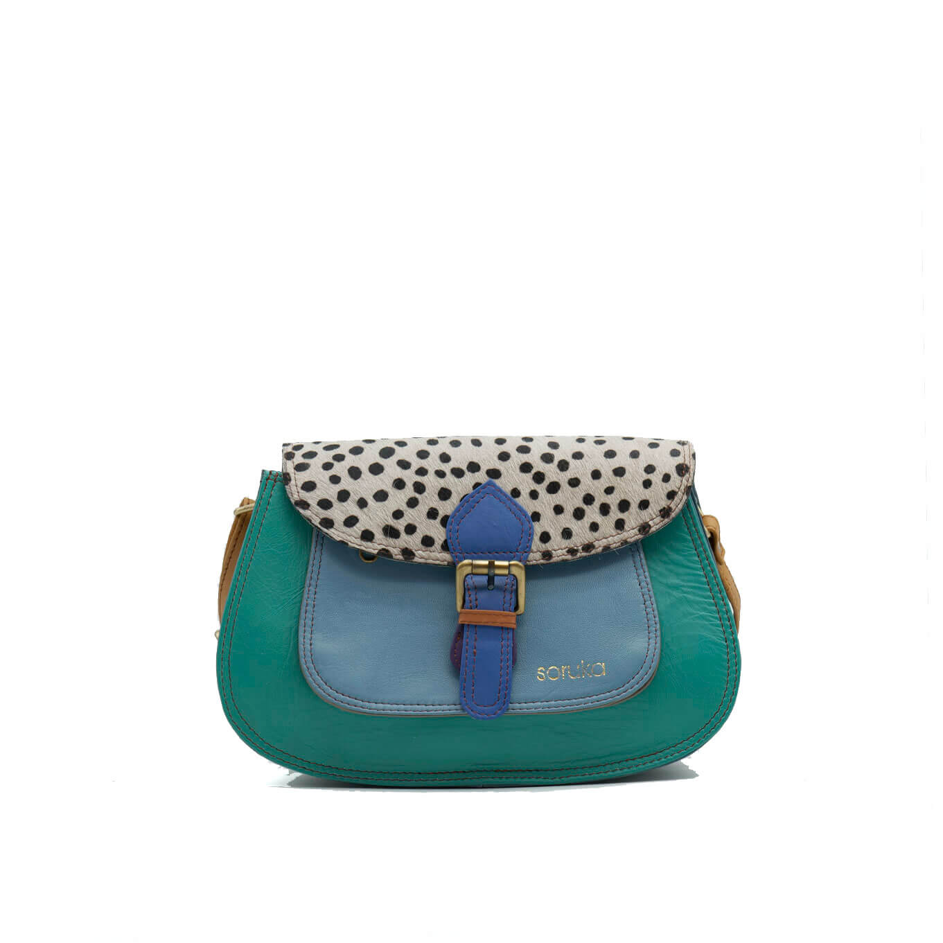 Teal Mix With Animal Print Large Leather Crossbody Bag