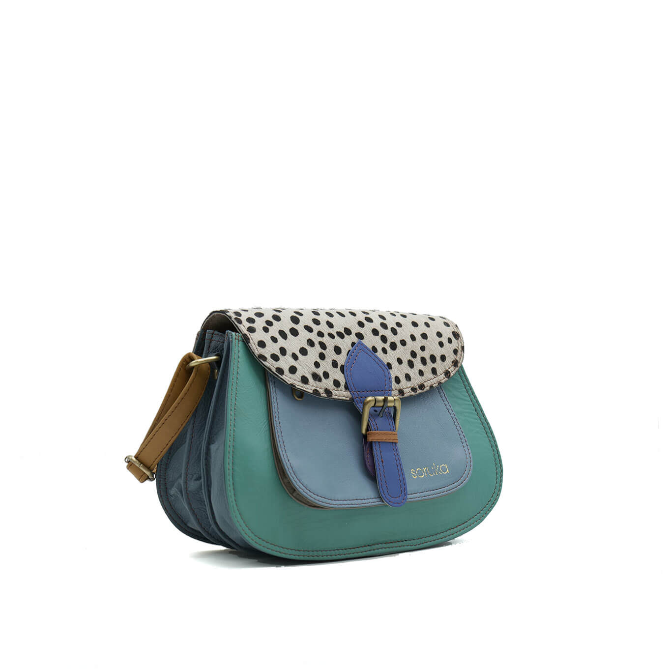 Teal Mix With Animal Print Large Leather Crossbody Bag