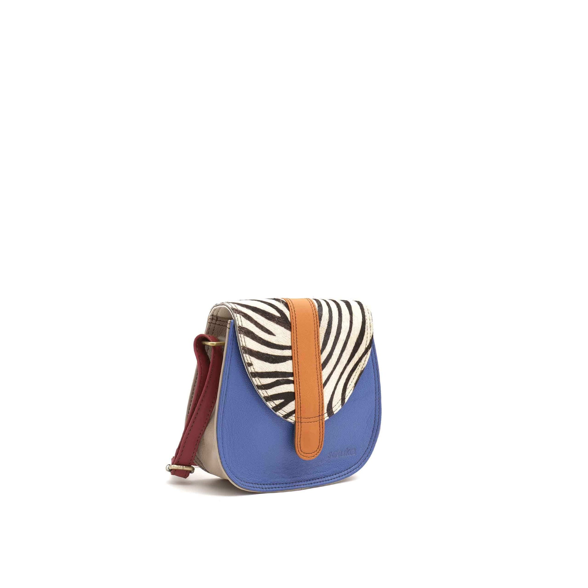 Blue, Tan And Zebra Print Mini Leather Crossbody Bag