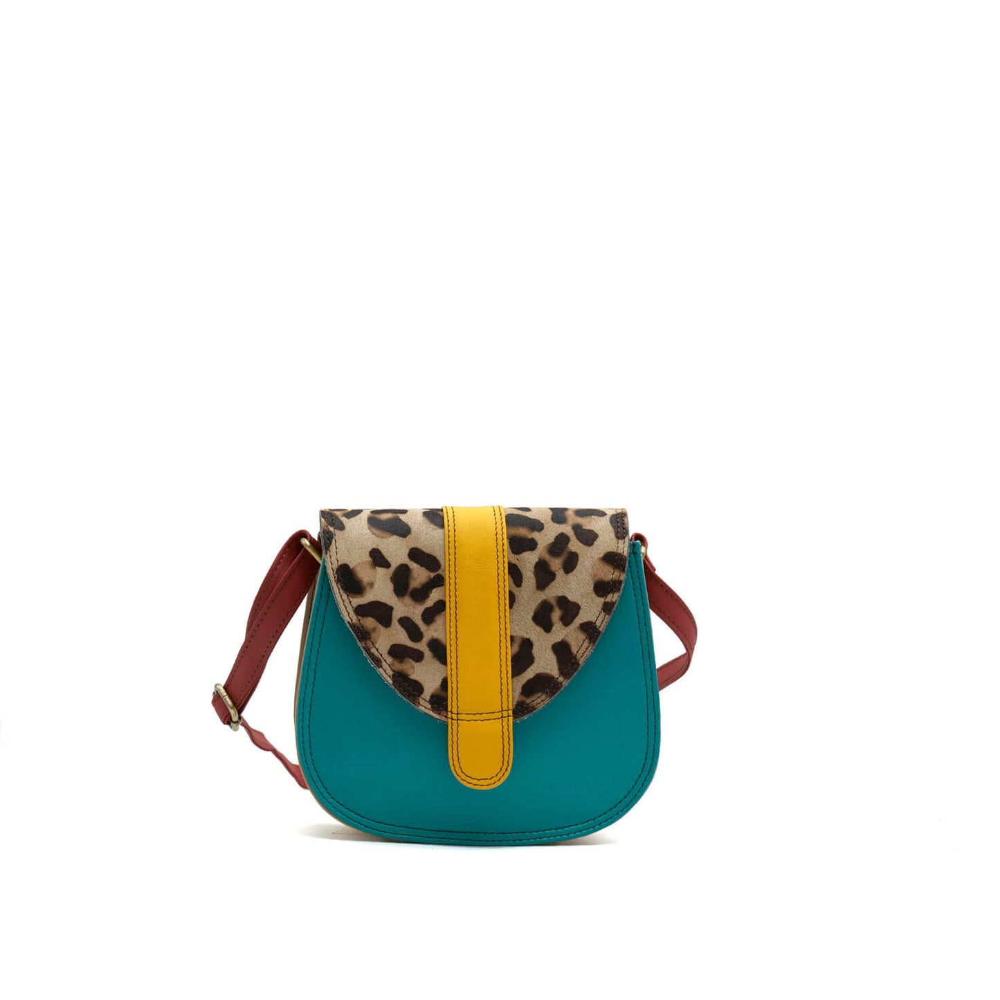 Teal, Mustard and Animal Print Mini Leather Crossbody Bag