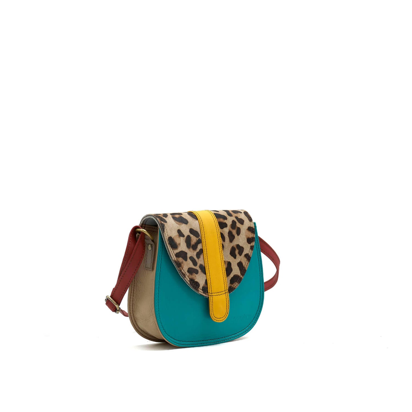 Teal, Mustard and Animal Print Mini Leather Crossbody Bag