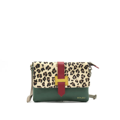 Green And Animal Print Leather Crossbody Clutch Bag