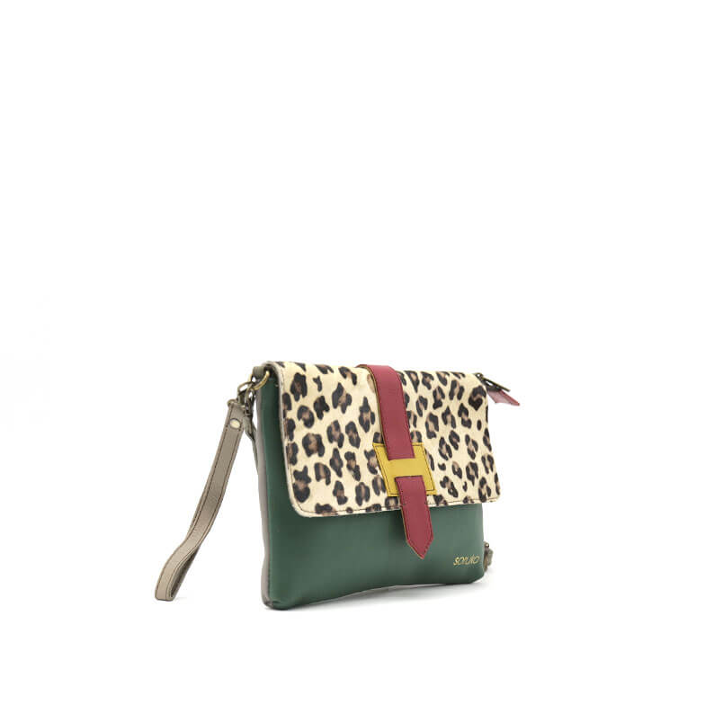 Green And Animal Print Leather Crossbody Clutch Bag