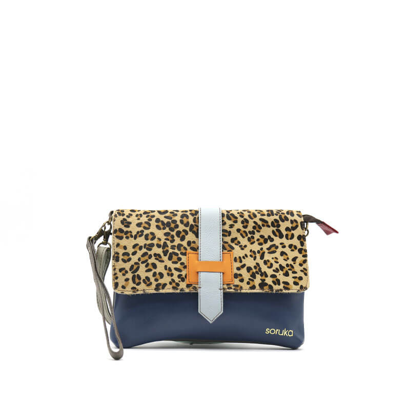 Navy And Animal Print Leather Crossbody Clutch Bag