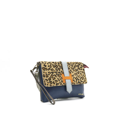 Navy And Animal Print Leather Crossbody Clutch Bag