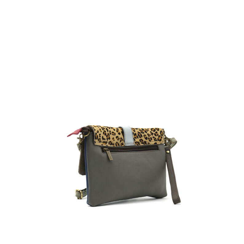 Navy And Animal Print Leather Crossbody Clutch Bag