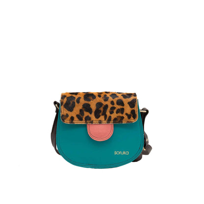 Teal And Animal Print Medium Leather Crossbody Bag