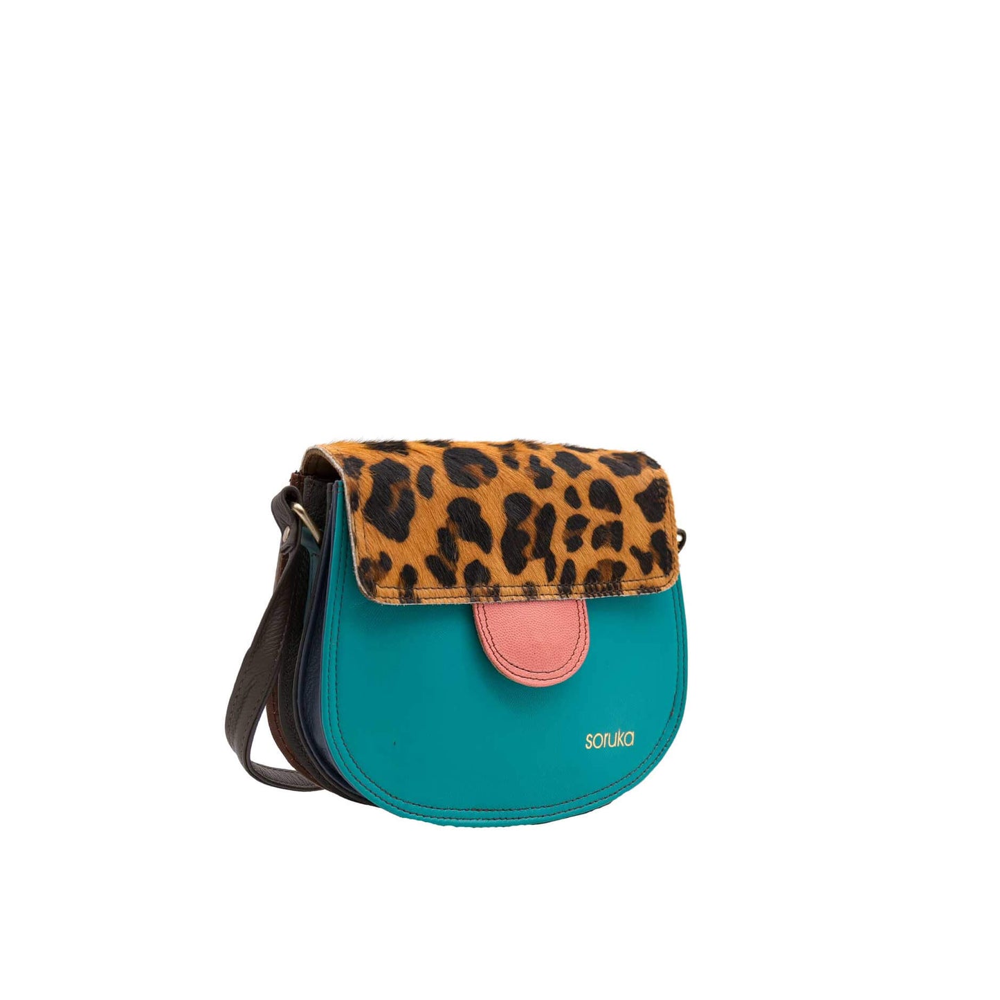 Teal And Animal Print Medium Leather Crossbody Bag