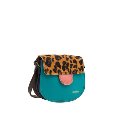 Teal And Animal Print Medium Leather Crossbody Bag